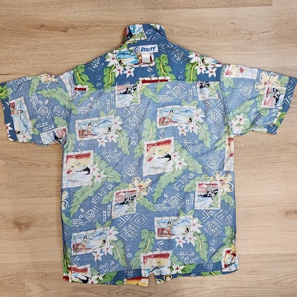 Vintage Utility Hawaiian Shirt Blue With Tropical Print & Beach Scenes Button-Up - Picture 6 of 6